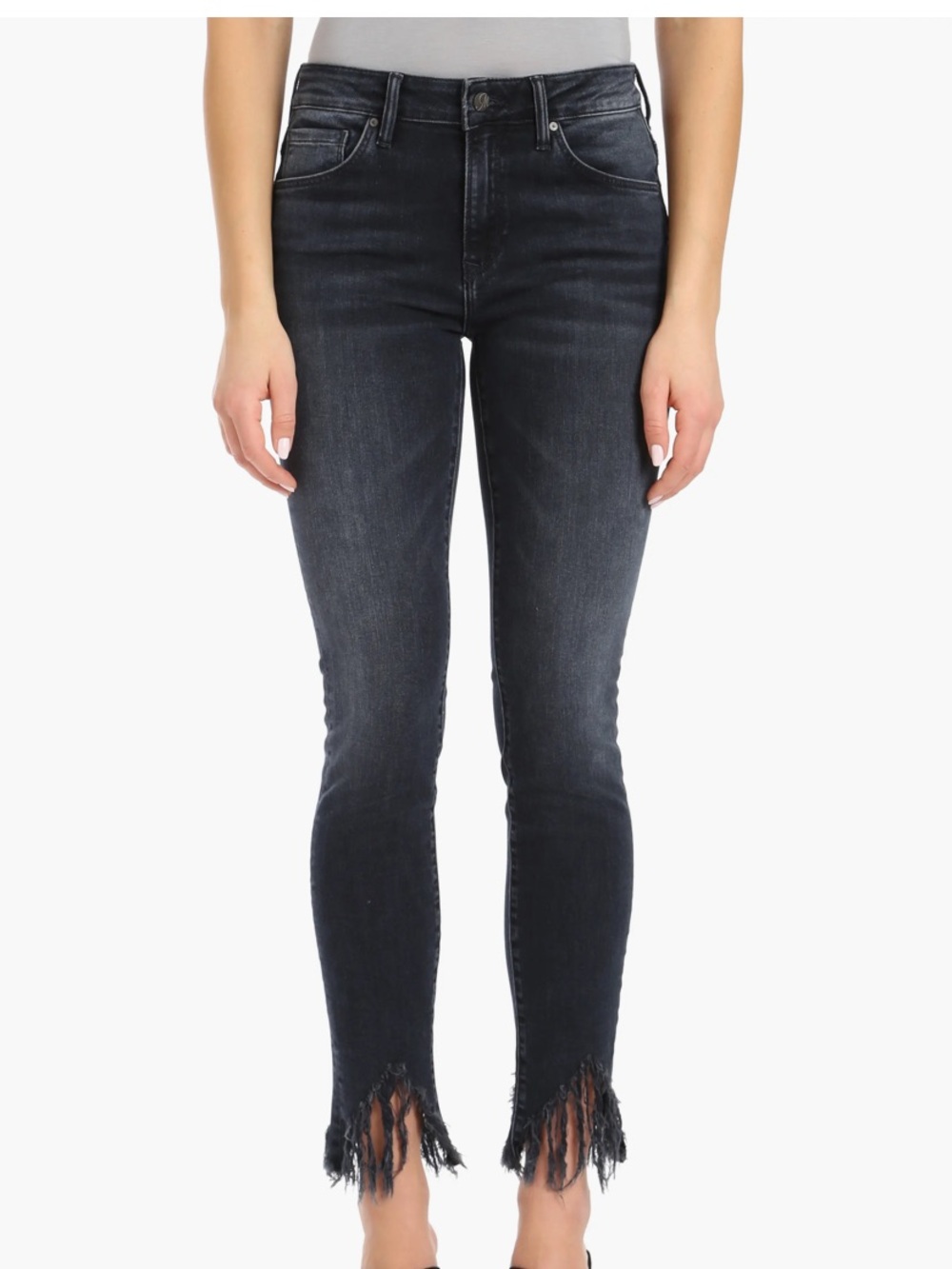 Mavi Dark Charcoal Black Washed Distressed Fringe-Hem Skinny Grunge Edgy Jeans